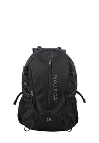 Schwarzer 25L Rucksack aus strukturiertem Material, mit vorderer Reißverschlusstasche, verstellbaren Seitenriemen und deutlich sichtbar platziertem Nautica-Logo.