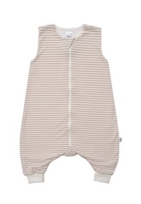 Gestreifter Babyschlafsack in Beige und Creme, mit einem Reißverschluss vorne, ärmellosem Design und elastischen Bündchen für zusätzlichen Komfort.