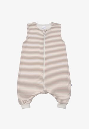 Striped baby sleeping bag in beige and cream, featuring a front zipper, sleeveless design, and elasticated cuffs for comfort.