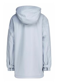 Vaaleansininen vedenpitävä takki hupulla, jossa on joustavat hihansuut ja rento leikkaus. Silkkinen, mattapintainen tekstuuri, minimalistinen muotoilu.