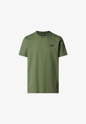 T-shirt en coton vert olive avec des manches courtes et un col rond. Présente un petit logo noir sur la poitrine gauche. Texture lisse.