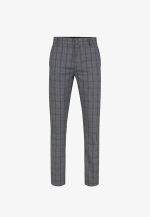 Szare spodnie w kratę o dopasowanym kroju, z zapięciem na guzik, subtelnymi czerwonymi i kremowymi liniami oraz gładkim wykończeniem tekstylnym.