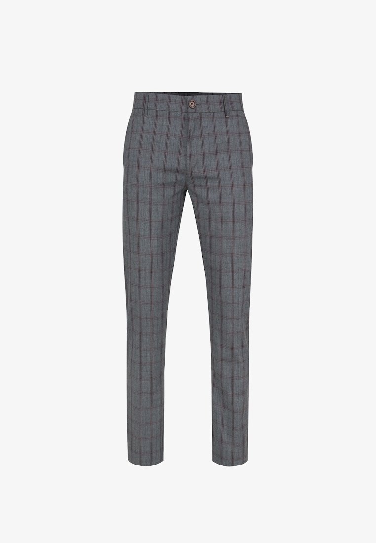 Szare spodnie w kratę o dopasowanym kroju, z zapięciem na guzik, subtelnymi czerwonymi i kremowymi liniami oraz gładkim wykończeniem tekstylnym.