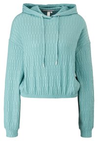 Felpa a collo alto in teal chiaro con un motivo testurizzato, cappuccio con cordoncino e orlo e polsini a costine. Design cropped. Tessuto morbido.