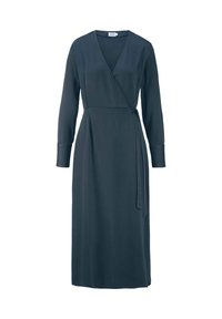 Yksivärinen tummansininen mekko, pitkät hihat, V-pääntie, vyötäröllä solmittava yksityiskohta, valuva siluetti, sileä pinta, polven mittainen malli.
