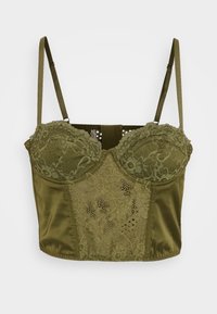 Olivgrön behå med spetskupor och satinbas. Har justerbara axelremmar, blommönster och öppna gallerdetaljer fram.