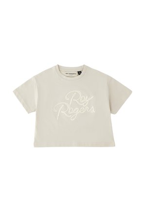 Crop top beige a maniche corte con logo "Roy Rogers" ricamato con filo coordinato sul davanti.