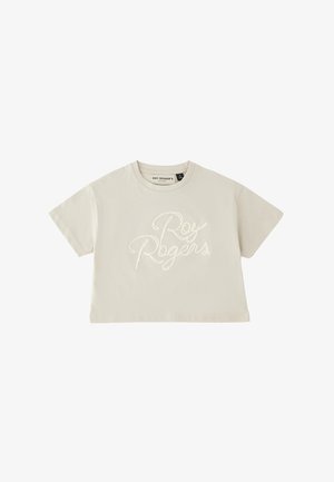 Crop top beige a maniche corte con logo "Roy Rogers" ricamato con filo coordinato sul davanti.