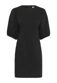Schwarzes kurzes Kleid mit Rundhalsauschnitt und puffigen Ärmeln. Verfügt über ein figurbetontes Oberteil mit Nähten und einem verdeckten Reißverschluss hinten. Glatte Stoffoberfläche.