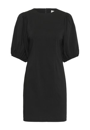 Sort kort kjole med rund halsudskæring og puffærmer. Har en tætsiddende bodice med sømme og en skjult lynlås i ryggen. Glat stoftekstur.