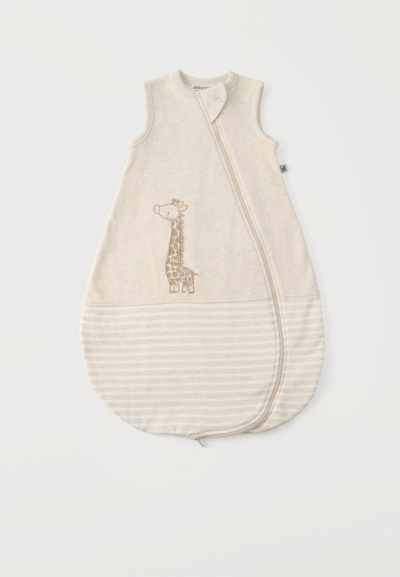 Μπεζ μωρουδιακό υπνόσακο χωρίς μανίκια με φερμουάρ μπροστά, ριγέ κάτω μέρος και κέντημα καμηλοπαρδάλου στο στήθος.