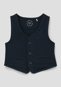 Marineblauer Stepp-Weste mit V-Ausschnitt, sechs schwarzen Knöpfen, zwei Vordertaschen und glatter Textur. Etikett mit der Aufschrift "s.Oliver."