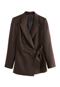 Sacou structurat, de culoare maro, cu mâneci lungi, guler tip șal și detaliu legat la talie. Fabricat dintr-un material neted cu o ușoară strălucire.