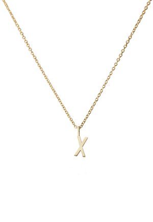Goldkette mit einem schlichten, glänzenden 'X'-Anhänger an einer filigranen Kette mit gleichmäßig verteilten Gliedern.