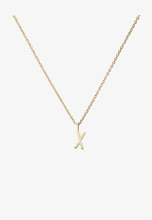 Goldkette mit einem schlichten, glänzenden 'X'-Anhänger an einer filigranen Kette mit gleichmäßig verteilten Gliedern.