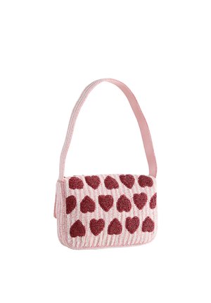 Beaded shoulder bag with a pink fabric strap, white and pink striped pattern, featuring red heart-shaped embellishments.