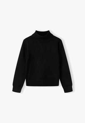 Suéter negro de cuello alto, hecho de un material de punto suave, con mangas largas y acentos acanalados en el cuello y el dobladillo. Diseño simple y minimalista.