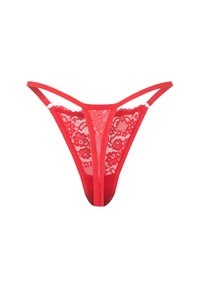 Tanga en dentelle rouge avec un motif floral, des détails en résille et des bretelles fines réglables. Texture lisse avec un design minimaliste.
