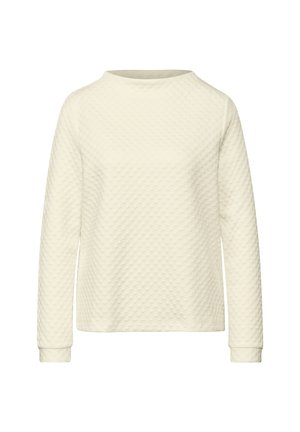 Sudadera de crema clara con un patrón de diamantes texturizado, mangas largas y cuello redondo. Tejido suave con puños acanalados.