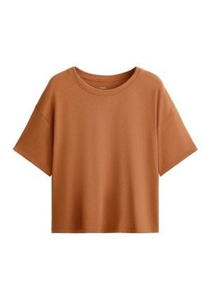 Braunes Baumwoll-T-Shirt mit Rundhalsausschnitt, kurzen Ärmeln und lockerer, kastiger Passform. Glatte Textur ohne sichtbare Muster oder Akzente.