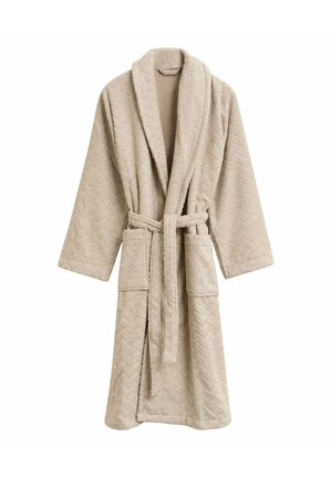Beige badekåbe med struktur og chevronmønster, lange ærmer, sjalskrave, tilhørende bælte og to forlommer.