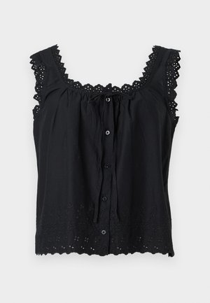 Bluză neagră fără mâneci cu nasturi în față, tiv din dantelă ondulată la decolteu și umeri, broderie florală tip ochi de plasă de-a lungul tivului.