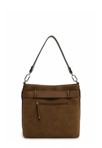 Brown suede handbag with a flat shape, featuring a textured band, a front zip pocket, and a detachable shoulder strap. Silver hardware accents.
