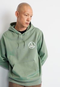 Hoodie verde de algodão com cordões, bolso frontal e logótipo circular no lado esquerdo do peito; punhos e bainha canelados. Textura plana.