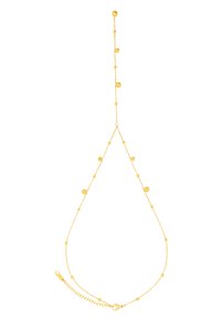 Collana d'oro con una delicata catena e accentazioni sferiche di diverse dimensioni, chiusura a moschettone e un'estensore regolabile.