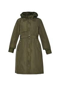 Olijfgroene gewatteerde jas met een capuchon, een riem om de taille en ritszakken. Heeft drukknoopsluitingen en een gladde, waterafstotende textuur.