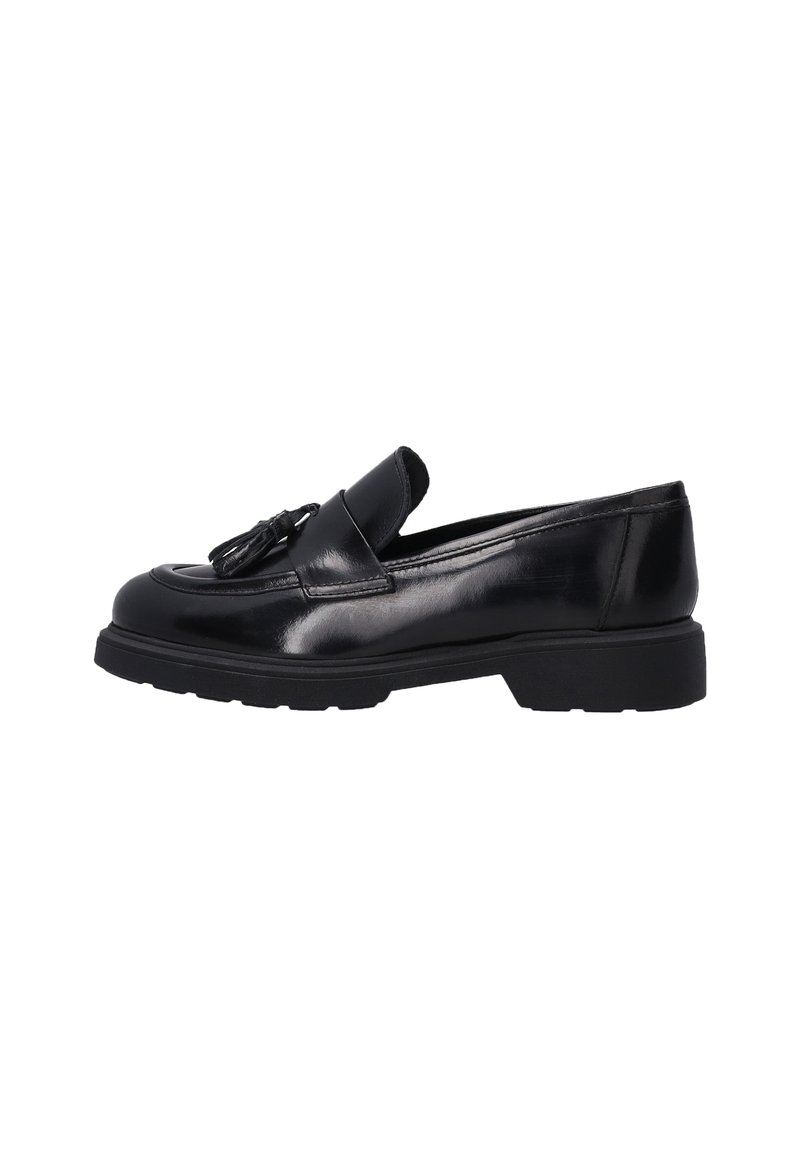 Zwarte leren loafers met een ronde neus, textuurdetails en een kwastaccent. Voorzien van een rubberen zool voor grip en duurzaamheid.