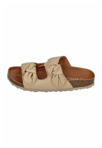 Beige slip-on sandals with two knotted fabric straps, a cushioned brown insole, and a textured cork-style outsole.