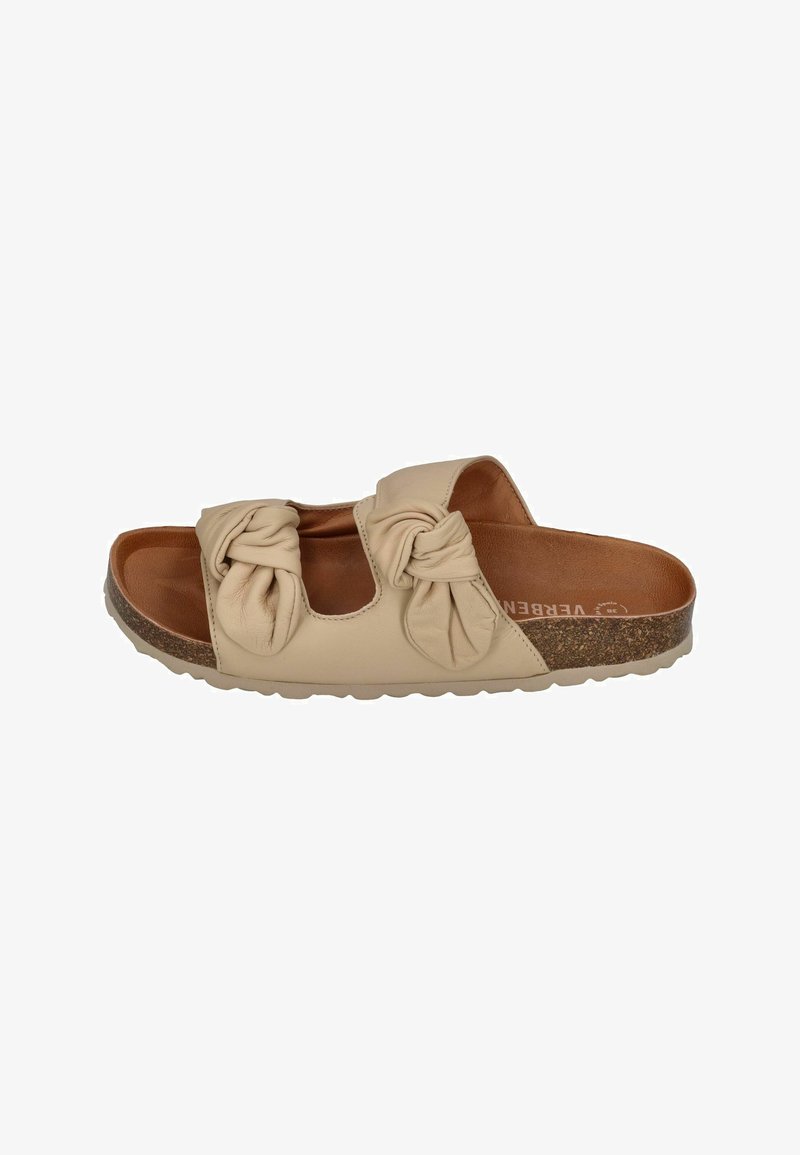 Beige slip-on sandals with two knotted fabric straps, a cushioned brown insole, and a textured cork-style outsole.
