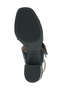 Černé sandály na podpatku s texturovanou gumovou podrážkou, otevřenou špičkou a nastavitelným popruhem s přezkou. Velikost 37 je uvedena na stélce.