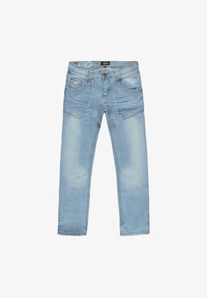 Lichtblauwe spijkerbroek met vijf zakken, vervaagde details en een rechte pijp. Voorzien van gestikte accenten en een knoopsluiting aan de taille.