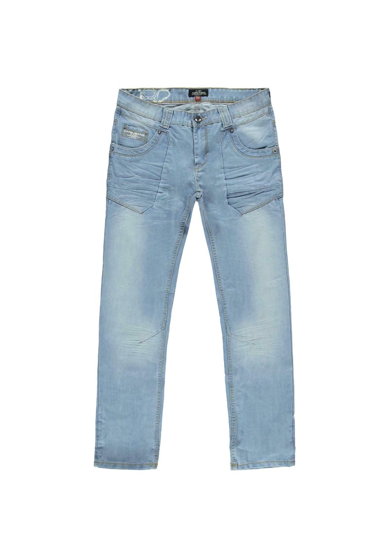 Lichtblauwe spijkerbroek met vijf zakken, vervaagde details en een rechte pijp. Voorzien van gestikte accenten en een knoopsluiting aan de taille.