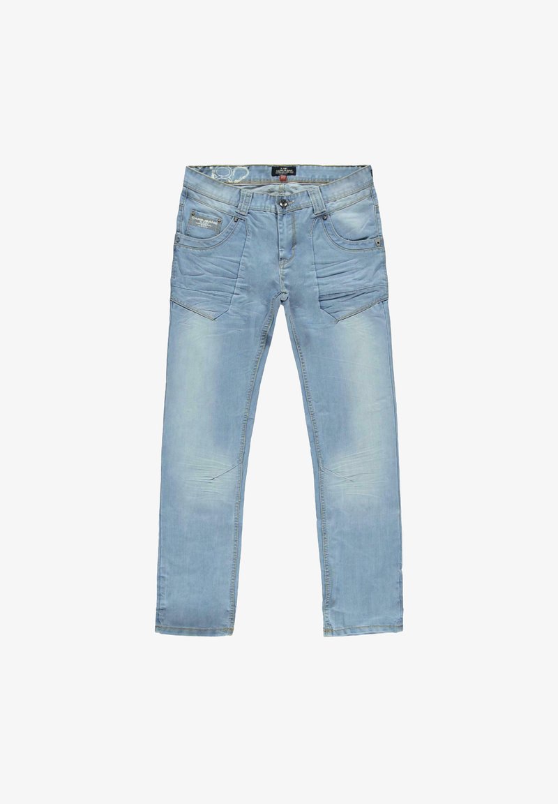 Lichtblauwe spijkerbroek met vijf zakken, vervaagde details en een rechte pijp. Voorzien van gestikte accenten en een knoopsluiting aan de taille.