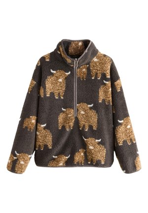 Pull en polaire gris foncé avec une fermeture éclair devant et un motif buffle beige répétée sur tout le tissu.