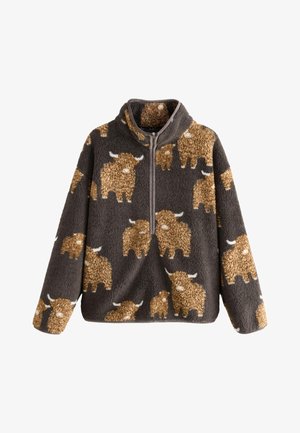 Pull en polaire gris foncé avec une fermeture éclair devant et un motif buffle beige répétée sur tout le tissu.