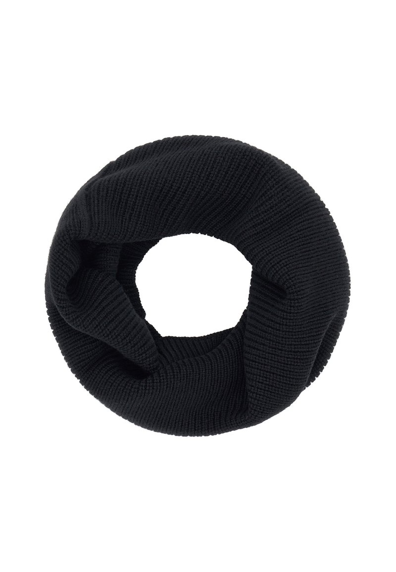 Sciarpa infinita nera in maglia con finitura testurizzata e design circolare continuo, adatta per calore e comfort nei periodi freddi.