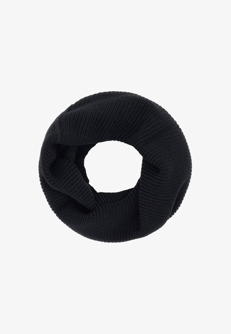 Sciarpa infinita nera in maglia con finitura testurizzata e design circolare continuo, adatta per calore e comfort nei periodi freddi.