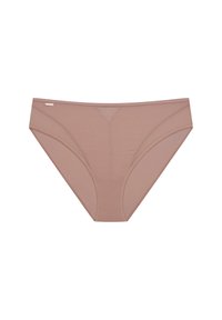 Jasnobrązowe bikini damskie w formie fig, wykonane z miękkiego materiału, charakteryzujące się gładką powierzchnią i minimalistycznym wzornictwem z subtelnymi detalami w stylu szwów.