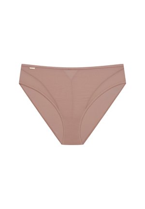 Jasnobrązowe bikini damskie w formie fig, wykonane z miękkiego materiału, charakteryzujące się gładką powierzchnią i minimalistycznym wzornictwem z subtelnymi detalami w stylu szwów.