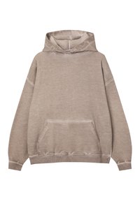 Sudadera con capucha de color marrón claro, de forma cuadrada, con puños y dobladillo de canalé, y un bolsillo tipo canguro en la parte delantera. Tejido suave con una textura lisa.