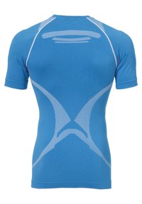 Blauwe sportshirt met korte mouwen, vervaardigd van vochtafvoerende stof, met gestructureerde patronen en een getailleerd ontwerp met contrasterende witte accenten.