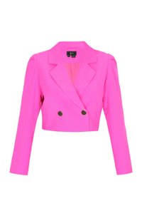 Zugeschnittener, leuchtend pinker, doppelt geknöpfter Blazer mit gekerbten Revers, strukturierten Schultern, langen Ärmeln und zwei schwarzen Knöpfen.