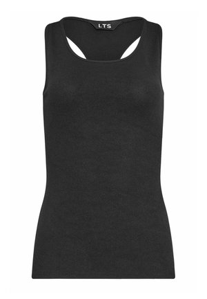 Zwarte mouwloze tanktop met een getailleerd ontwerp, gemaakt van rekbare stof, met uitsparingen op de schouder en een ronde hals.