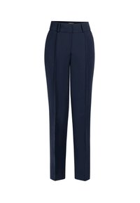 Marineblauwe pantalon met een rechte snit, gladde stof en voorplooien. Heeft een middelhoge taille en riemlussen. Geen zichtbare bevestigingsmaterialen.