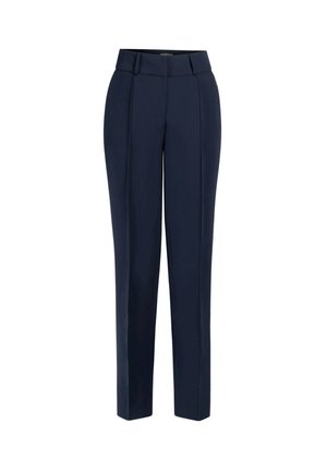 Marineblauwe pantalon met een rechte snit, gladde stof en voorplooien. Heeft een middelhoge taille en riemlussen. Geen zichtbare bevestigingsmaterialen.