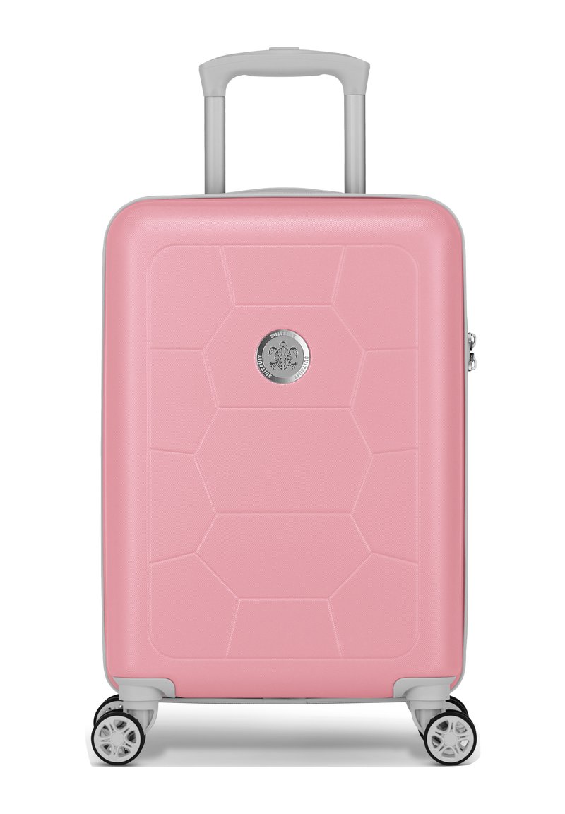 Hard-shell roze koffer met een geometrisch patroon, zilveren hardware, uitschuifbare handgreep en vier multi-directionele wielen.